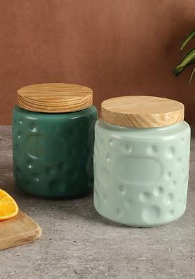 Green 2 Pieces Textured Food Storage Jars With Wooden Lid 700Ml