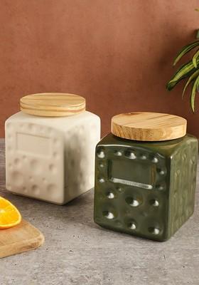 Green And White 2 Pieces Air Tight Ceramic Jars With Wooden Lid 7L