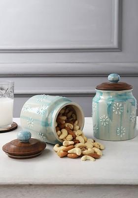 Beige And Teal Blue 2 Pcs Printed Ceramic Food Storage Jar With Wooden Lids