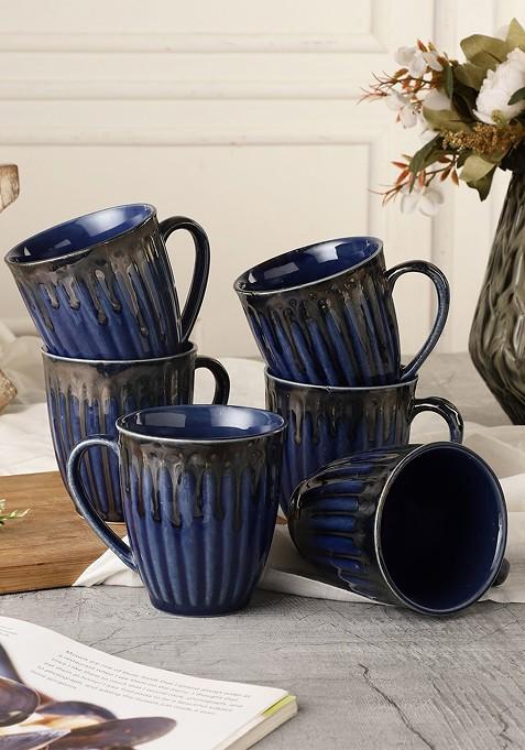 Studio Pottery Navy Blue 6 Pcs Textured Ceramic Glossy Mugs 350 Ml Each