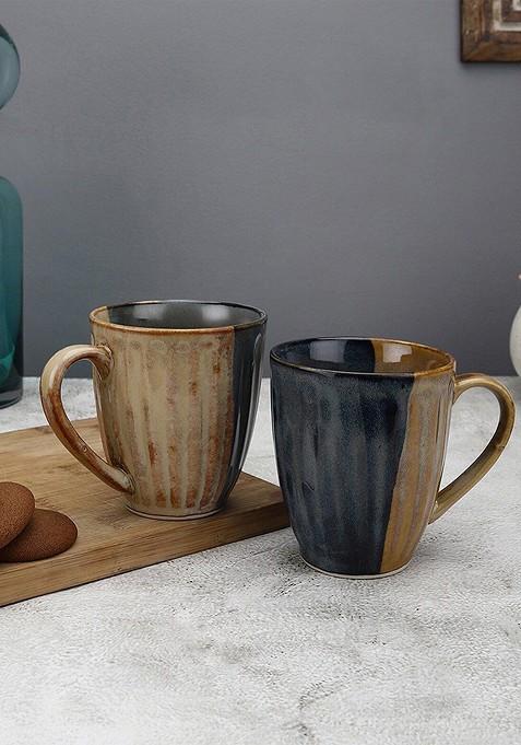 Studio Pottery Brown And Blue 2 Pcs Textured Ceramic Glossy Mugs 310 Ml Each