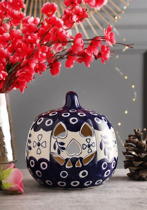 Navy Blue And Off White Fine Porcelain Pumpkin Candle Holder