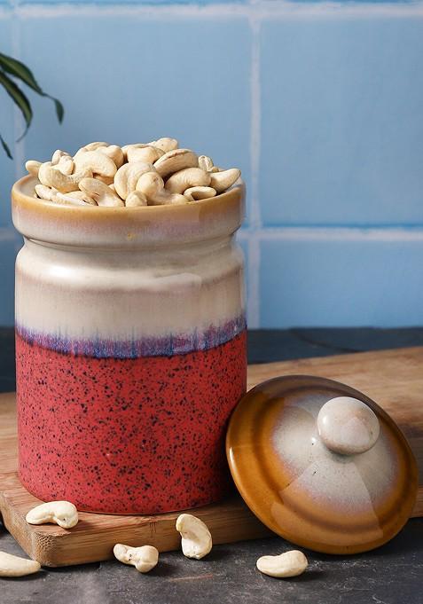 Beige And Red Ceramic Food Storage Jar