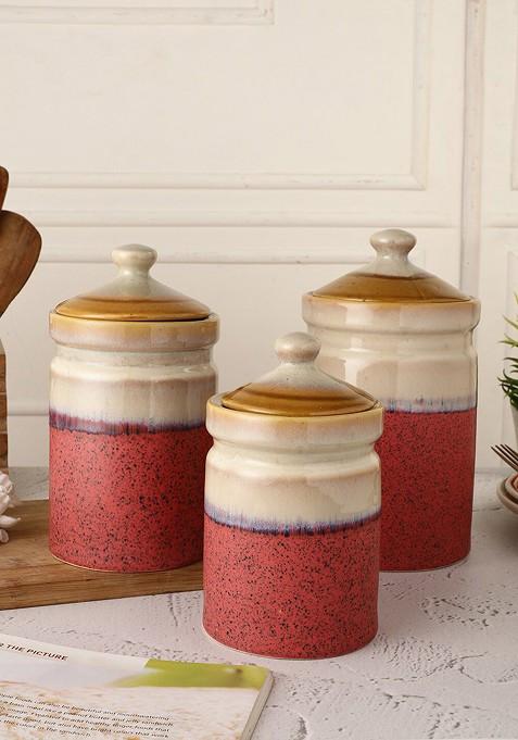 Set Of 3 Red And Beige Dishwasher Safe Pottery Storage Jars