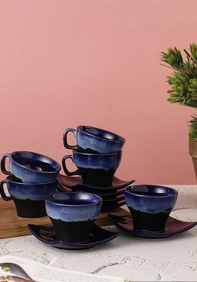 6 Pieces Blue And Black Hand Painted Stoneware Glossy Cups And Saucer Set