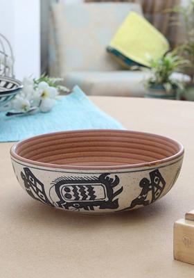 Cream Coloured And Black Handcrafted And Hand Painted Stoneware Matte Bowl