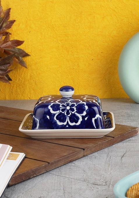 Blue Hand Painted Butterdish For Dining Table Accessories