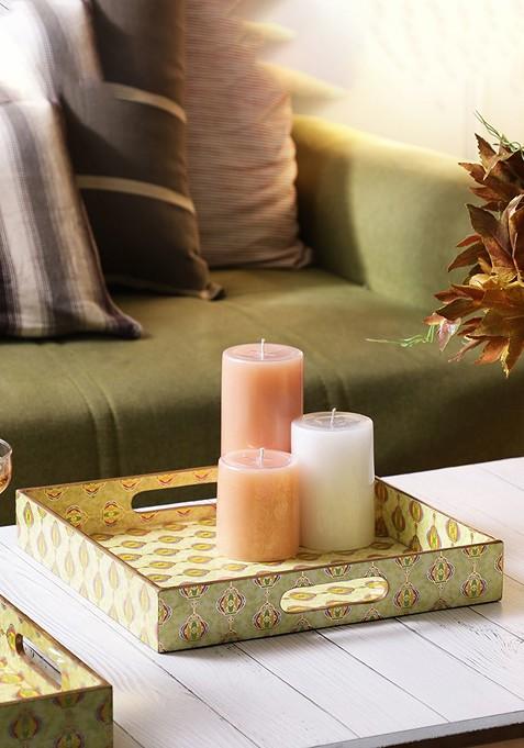 Yellow And Gold Toned Handcrafted Square Wooden Tray