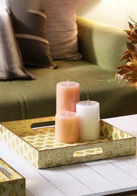 Unisex Yellow And Gold Coloured Printed Large Wooden Serving Tray