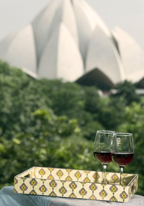 Yellow And Beige Patterned Handcrafted Wooden Serving Tray