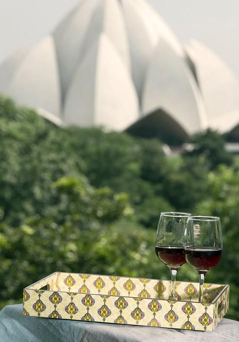 Yellow And Gold Toned Handcrafted Rectangle Wooden Tray