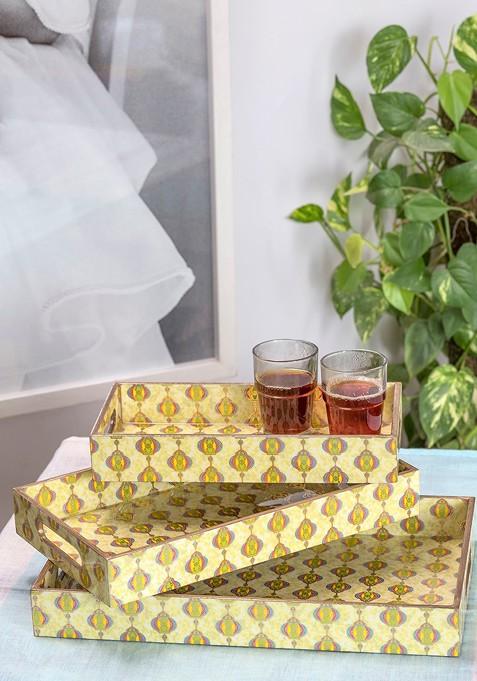 Set Of 3 Yellow And Gold Toned Handcrafted Pinewood Rectangular Trays