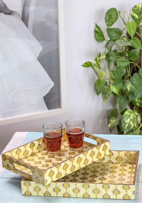 Set Of 2 Yellow And White Handcrafted Rectangle Wooden Trays