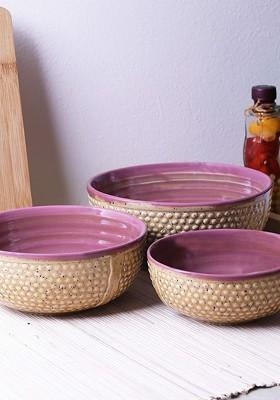 Camel Brown And Burgundy 3 Pieces Textured Stoneware Glossy Bowls