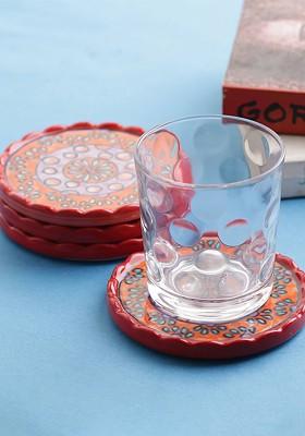 Set Of 4 Orange Hand Painted Ceramic Coasters