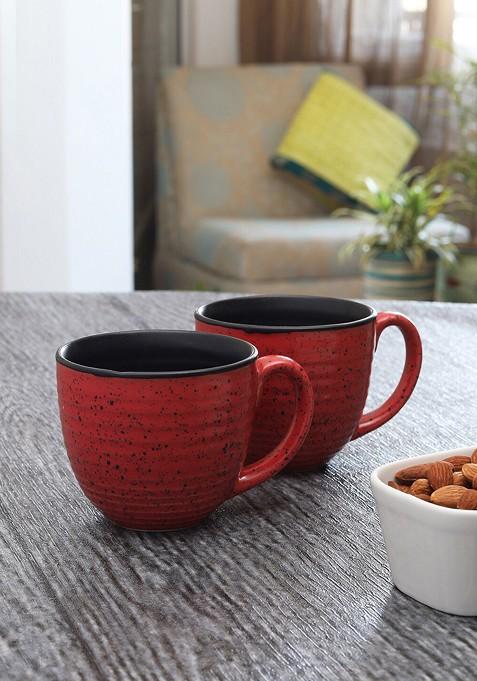 Set Of 2 Red And Black Studio Pottery Ceramic Glazed Coffee Mugs