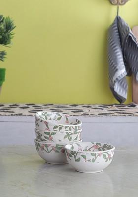 White Printed Set Of 4 Handcrafted Stoneware Dinner Bowls