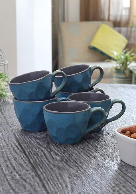 Studio Pottery Set Of 6 Green And Grey Ceramic Glazed Coffee Mugs Tea Cups