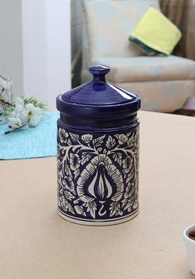 Blue And Beige Handpainted Mughal Art Large Storage Jar