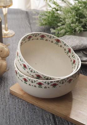 Beige 2 Pieces Printed Ceramic Serving Bowls Set