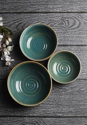 Green And Brown 3 Pieces Printed Ceramic Serving Bowls Set