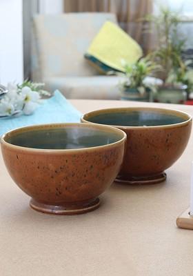 Set Of 2 Brown Printed Handcrafted Ceramic Bowls