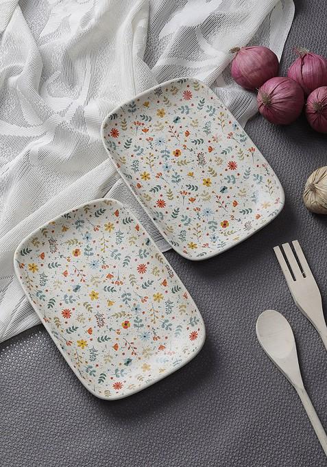 Set Of 2 Cream Coloured Printed Handcrafted Ceramic Tray