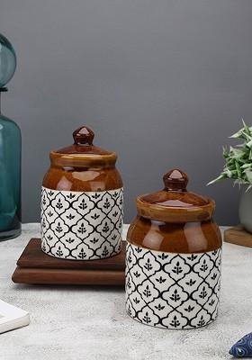 Set Of 2 Brown And White Handpainted Ceramic Food Containers