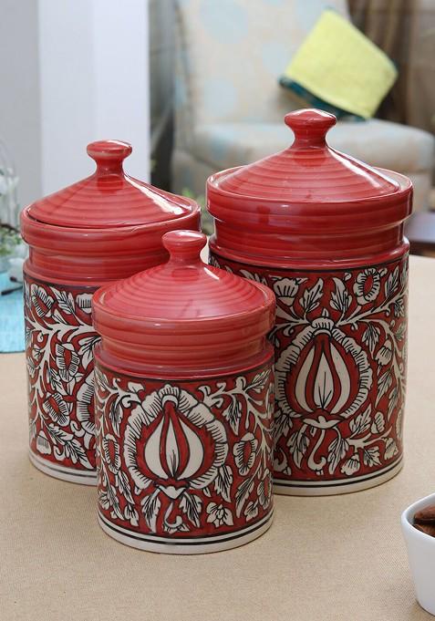 Set Of 3 Rust Red And White Hand Painted Ceramic Mughal Art Storage Jars