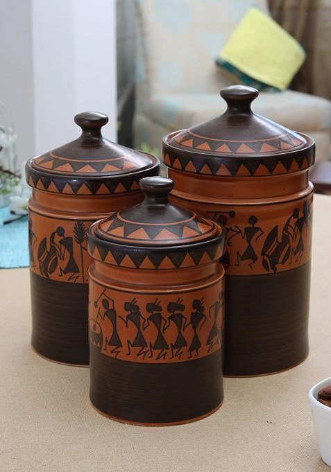 Brown Set Of 3 Printed Ceramic Art Storage Jar