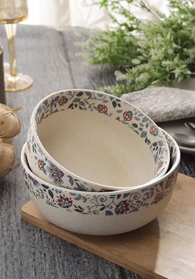 Set Of 2 Cream Coloured Printed Serving Bowl