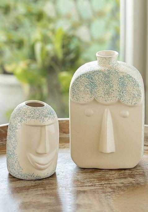 The Expression Series 2Pc Off White Earthen Face Ceramic Decorative Vases