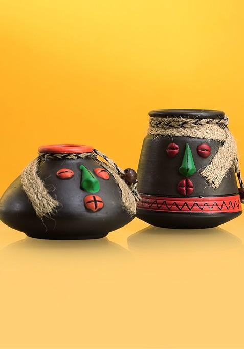 Set Of 2 Pieces Hand Painted Terracotta Pot Face Showpiece Set