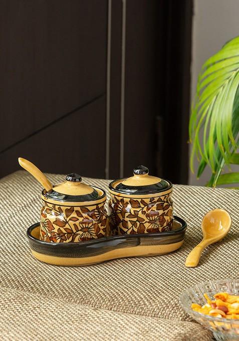 Set Of 2 Mughal Floral Ceramic Chutney Pickle Jar Set
