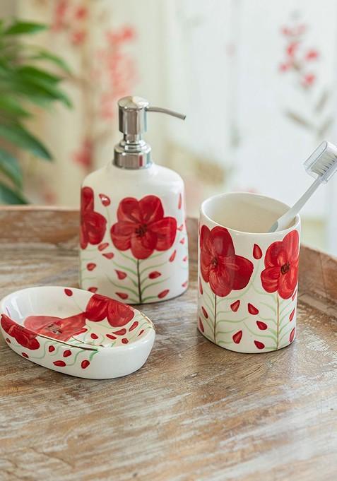 White And Red 3 Pieces Floral Ceramic Bath Accessories Set