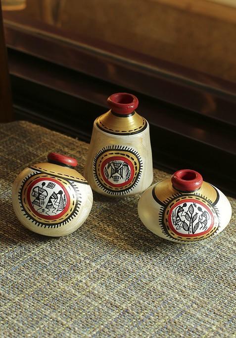 Set Of 3 White Terracotta Warli Miniature Pots