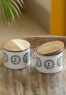 2 Pieces White And Black Printed Canister Containers