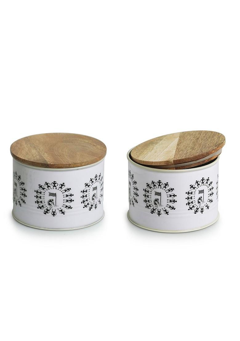 2 Pieces White And Black Printed Canister Containers