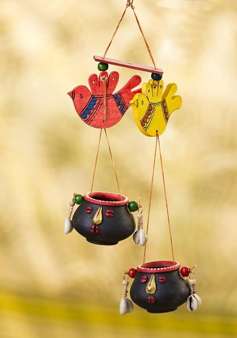 Multicoloured Nesting Pot Faces Hand Painted Bird Hanging Windchimes