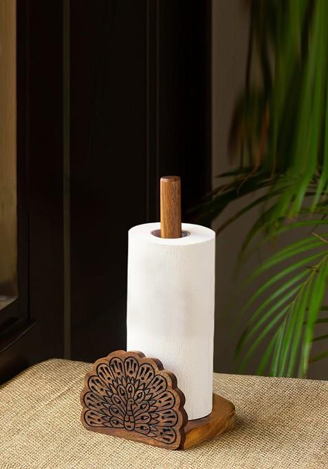 Brown Sheesham Wood Hand Carved Kitchen Tissue Roll Holder