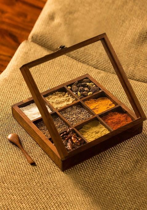 Brown Handcrafted Sheesham Wooden Spice Box With Spoon