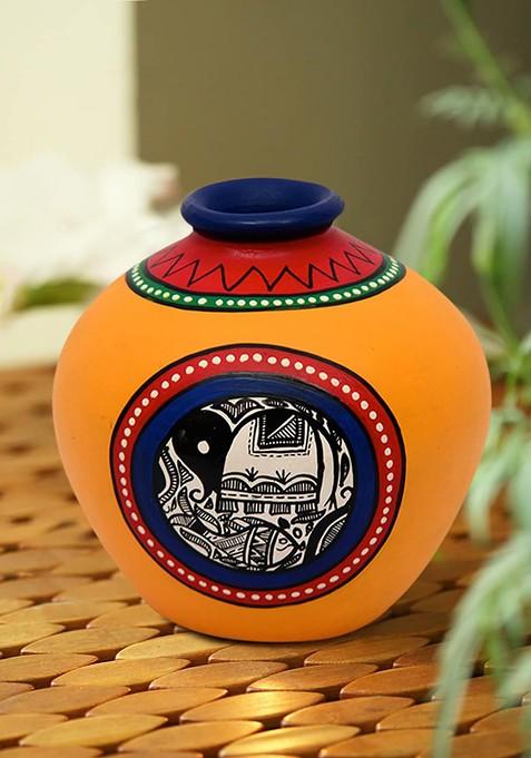 Yellow And Blue Printed Matki Shaped Vase