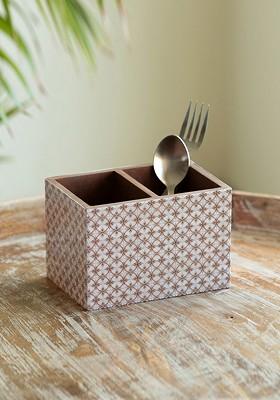 Beige And Brown Geometric Tales Printed Wooden Cutlery Holder