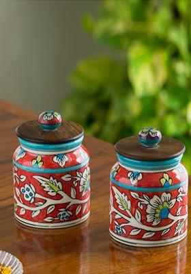 Set Of 2 Hand Painted Floral Ceramic Storage Jars And Containers 410 Ml