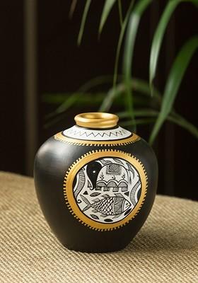 Black And Gold Toned Madhubani Hand Painted Teracotta Vase