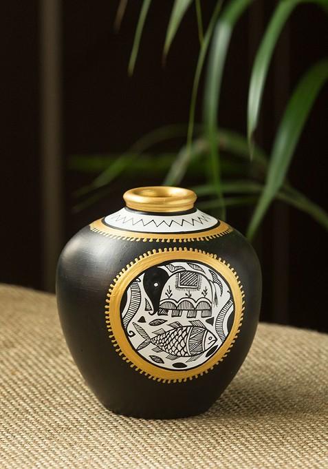 Black And Gold Toned Madhubani Hand Painted Teracotta Vase