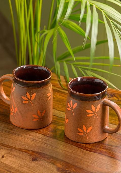Set Of 2 Leaf Sips Hand Painted And Handglazed Ceramic Studio Pottery Mugs