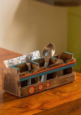 Brown Blue Oasis Spaces Hand Painted Mango 4Partitions Wooden Cutlery Holder