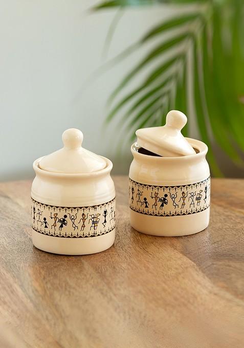 Cream And Black 2 Pieces Art Of Warli Ceramic Jars 280 Ml