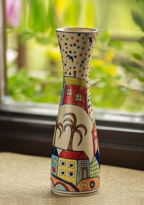Beige And Red The Hut Long Neck Hand Painted Ceramic Vase (12 Inches)
